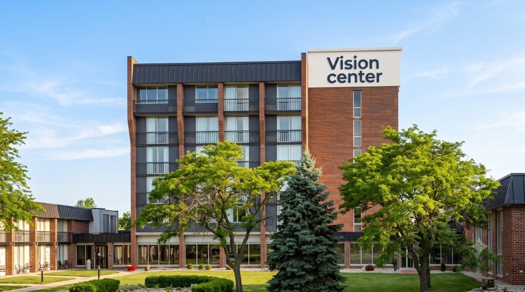 Exterior of the Vision Center building with red brick and charcoal facade under a clear blue sky