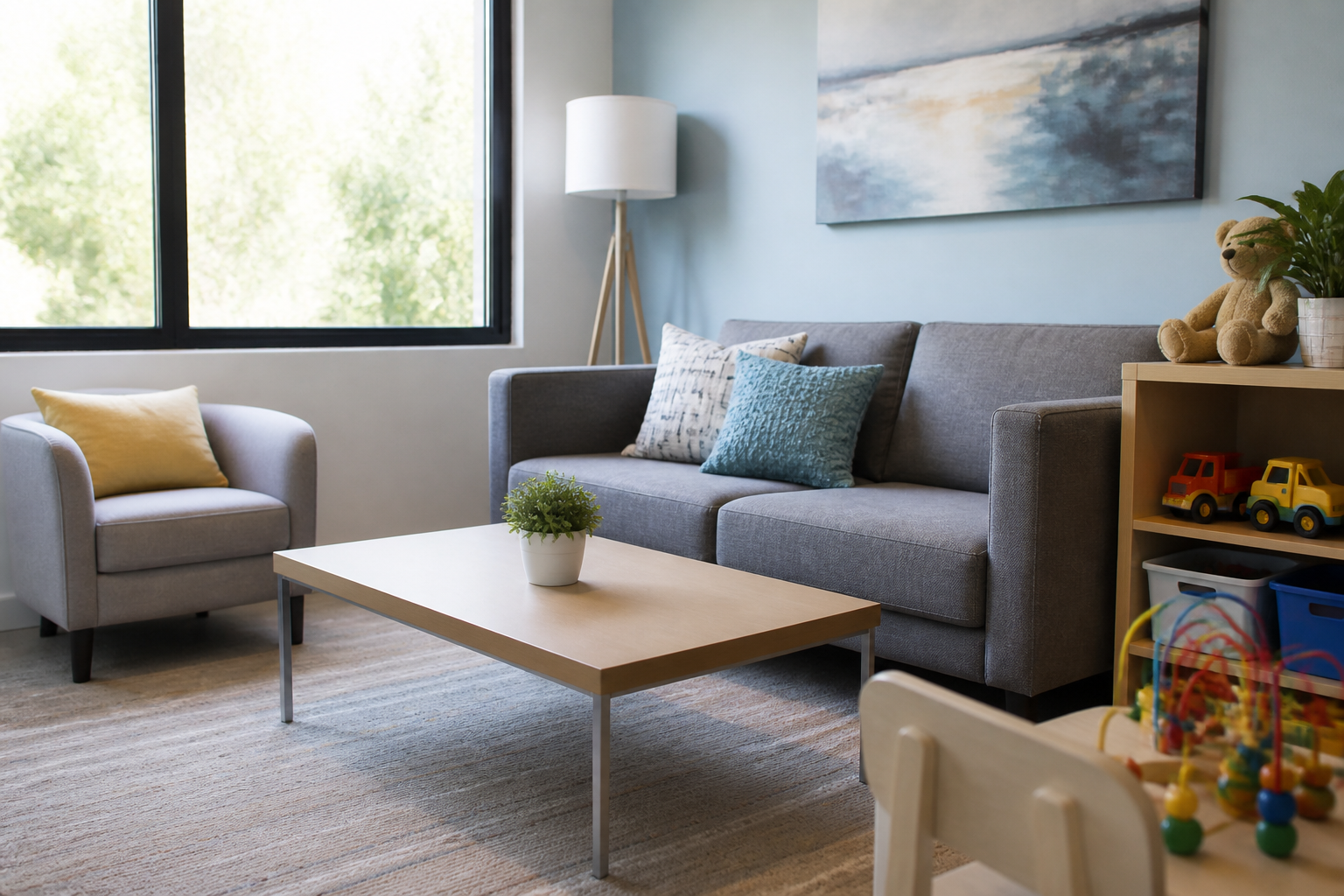 Calm family visitation room with soft seating and natural light