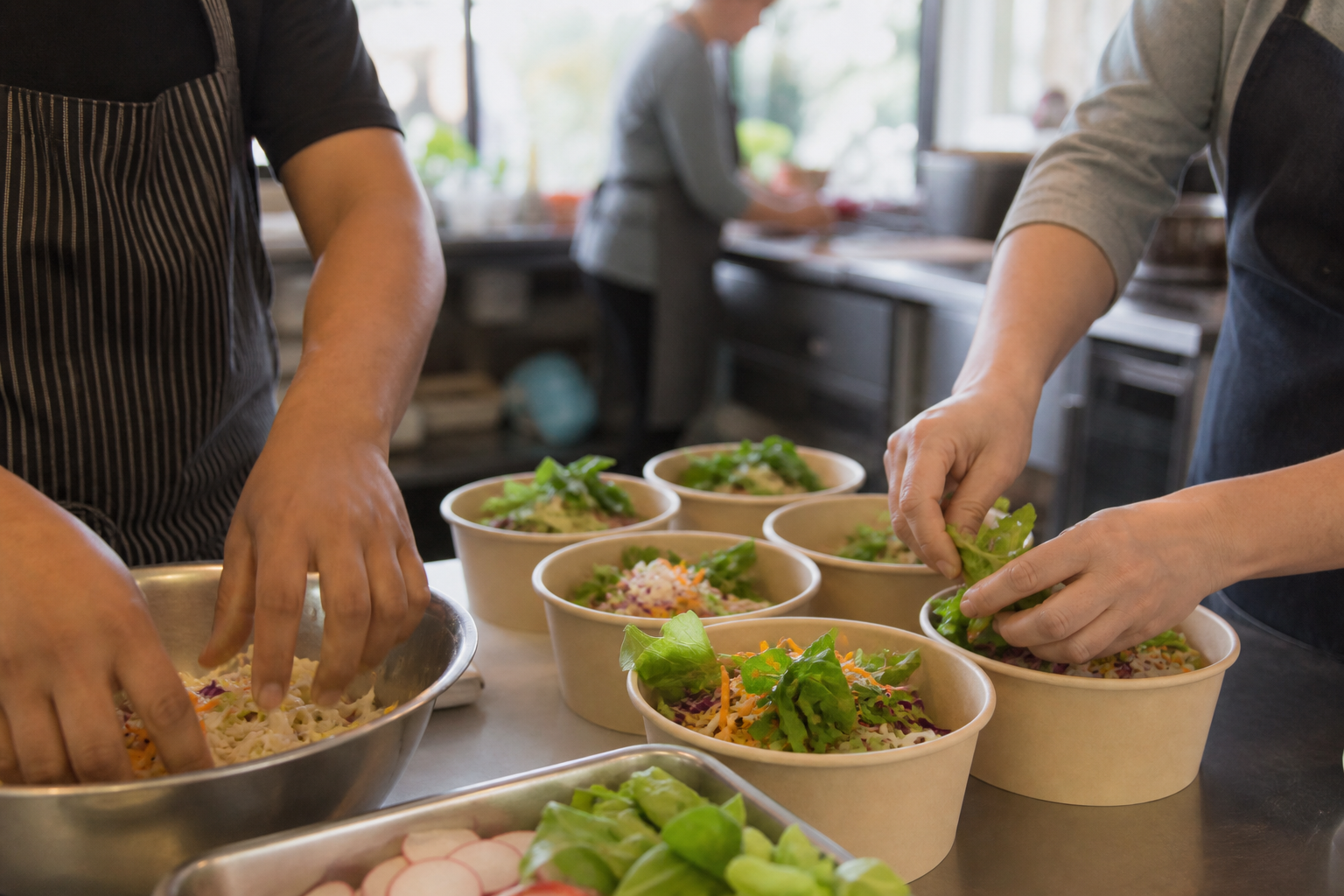 Hands preparing food together in a community cafe training kitchen